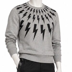 NEIL BARRETT Thunderbolt Lightning Bolt Gray Black Crewneck Sweatshirt | Men's M